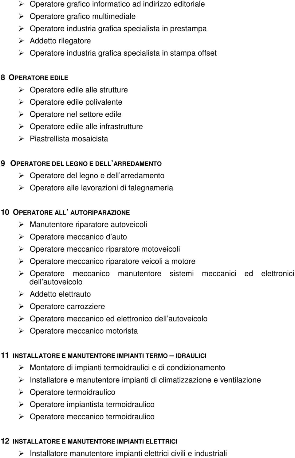 LEGNO E DELL ARREDAMENTO Operatore del legno e dell arredamento Operatore alle lavorazioni di falegnameria 10 OPERATORE ALL AUTORIPARAZIONE Manutentore riparatore autoveicoli Operatore meccanico d
