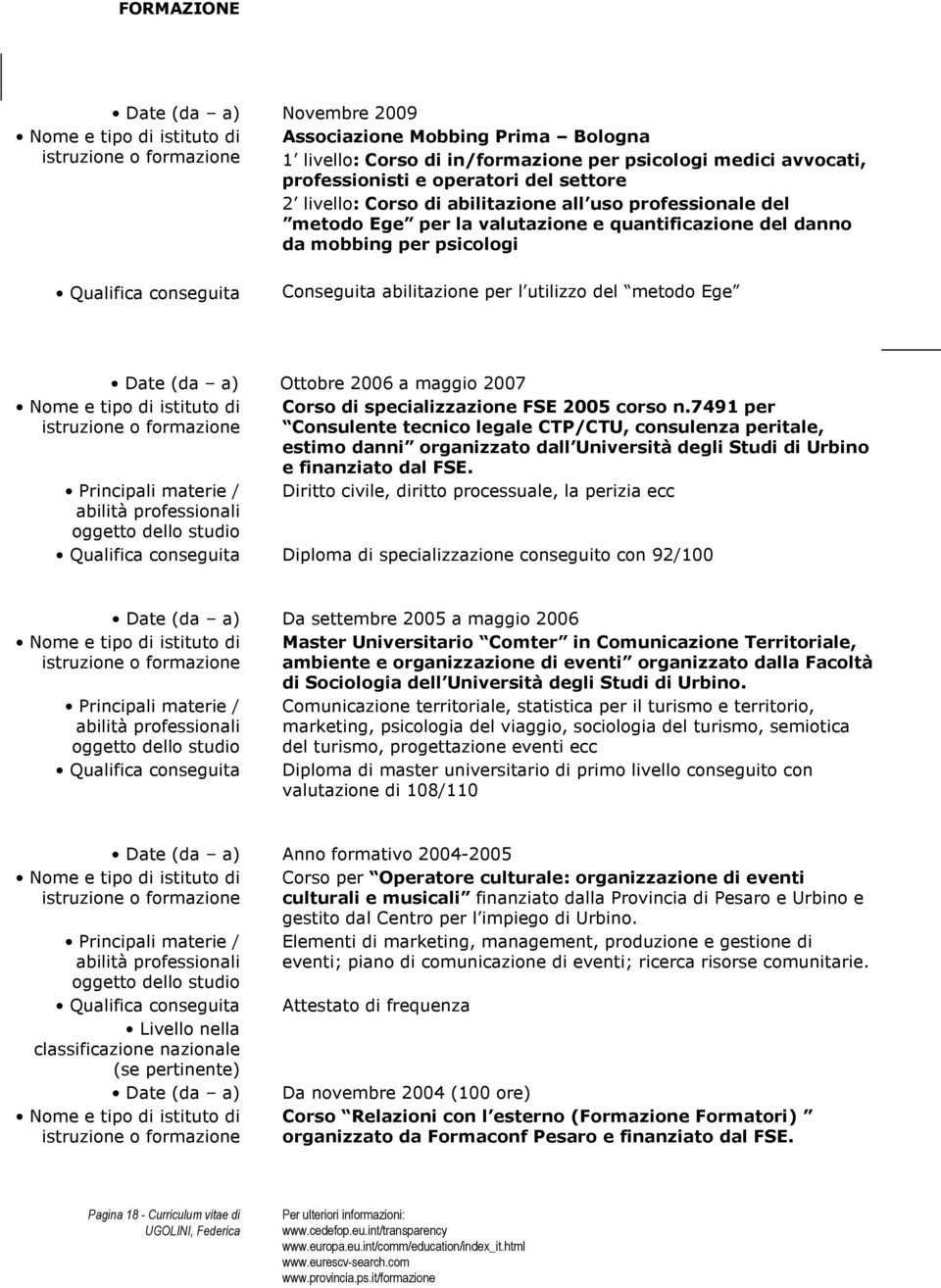 del metodo Ege Date (da a) Ottobre 2006 a maggio 2007 Nome e tipo di istituto di Principali materie / Corso di specializzazione FSE 2005 corso n.