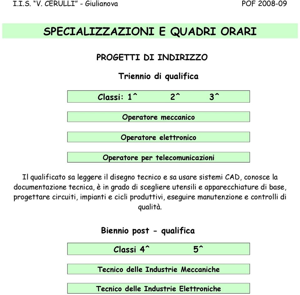 documentazione tecnica, è in grado di scegliere utensili e apparecchiature di base, progettare circuiti, impianti e cicli produttivi,