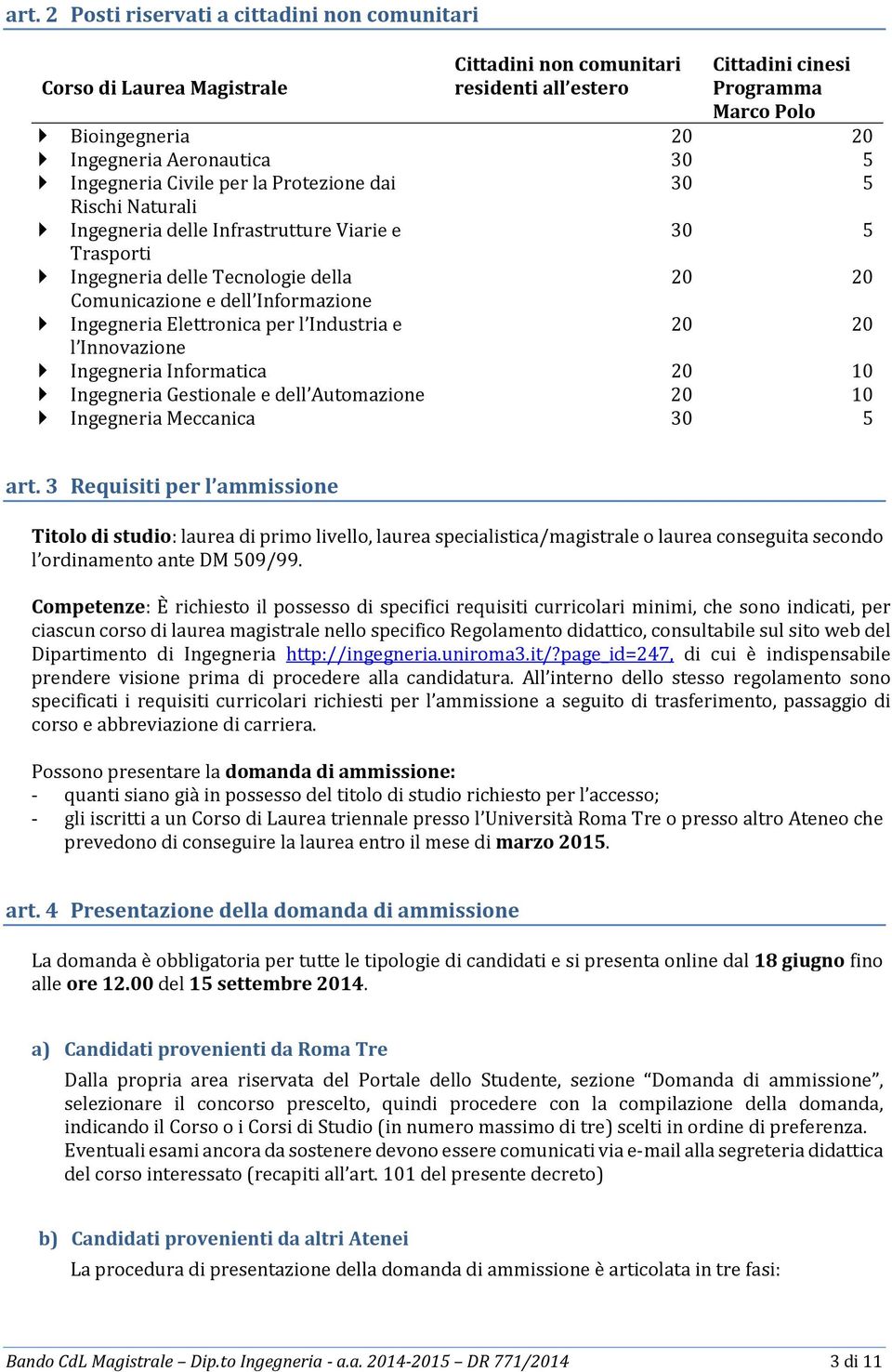 Informazione Ingegneria Elettronica per l Industria e 20 20 l Innovazione Ingegneria Informatica 20 10 Ingegneria Gestionale e dell Automazione 20 10 Ingegneria Meccanica 30 5 art.