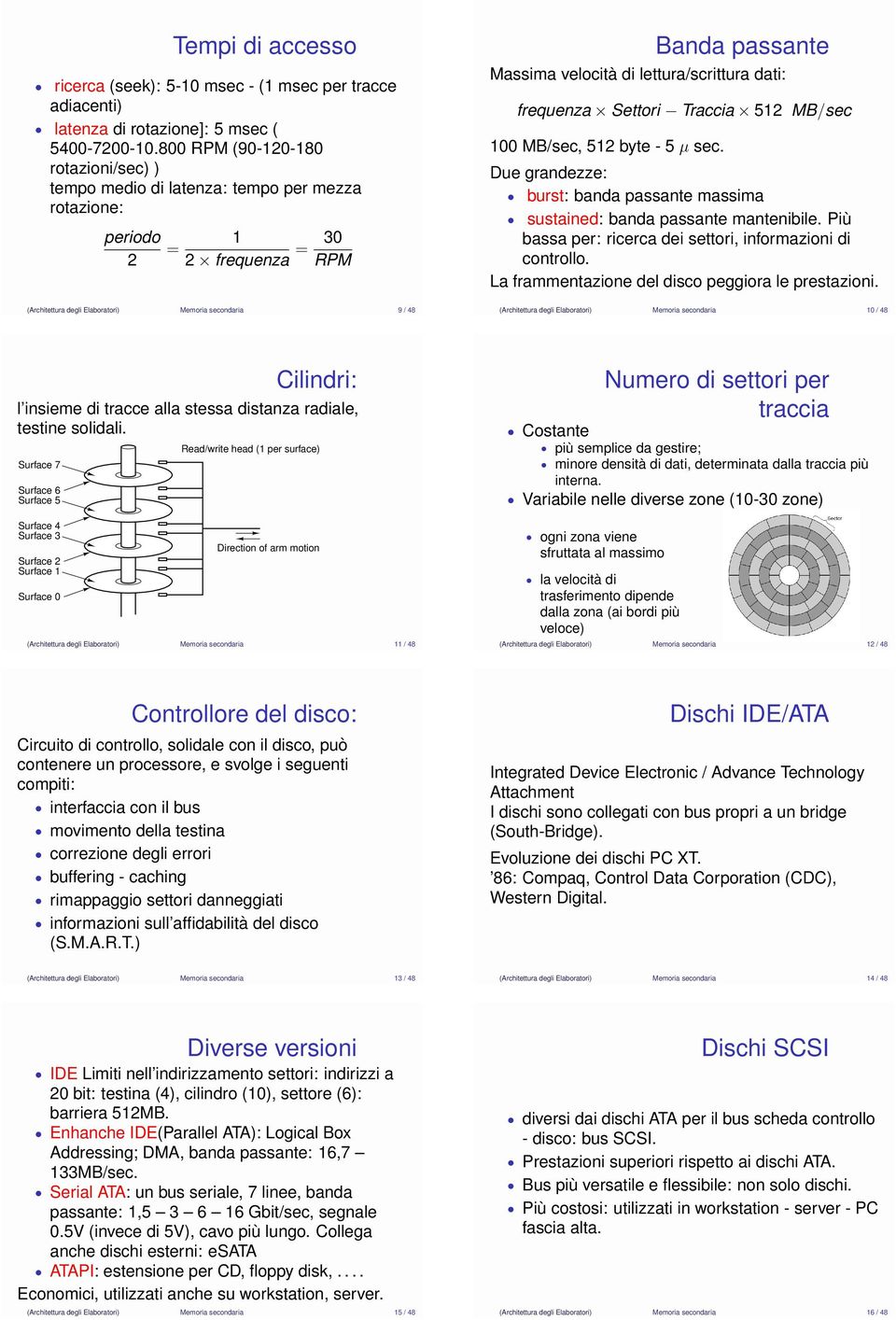 Traccia 512 MB/sec 100 MB/sec, 512 byte - 5 µ sec. Due grandezze: burst: banda passante massima sustained: banda passante mantenibile. Più bassa per: ricerca dei settori, informazioni di controllo.