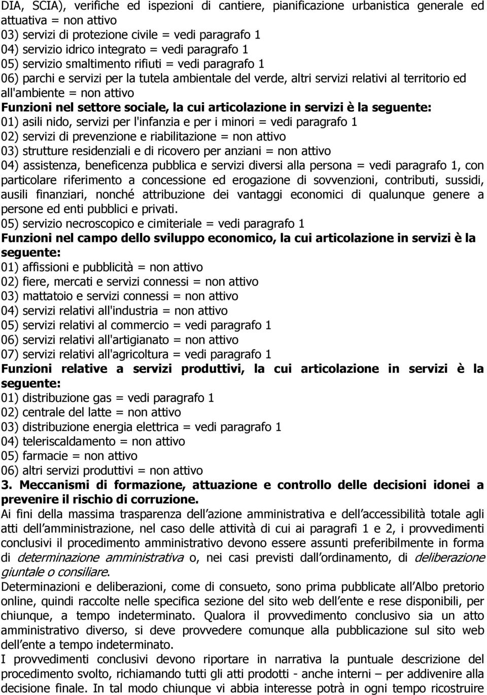 settore sociale, la cui articolazione in servizi è la seguente: 01) asili nido, servizi per l'infanzia e per i minori = vedi paragrafo 1 02) servizi di prevenzione e riabilitazione = non attivo 03)