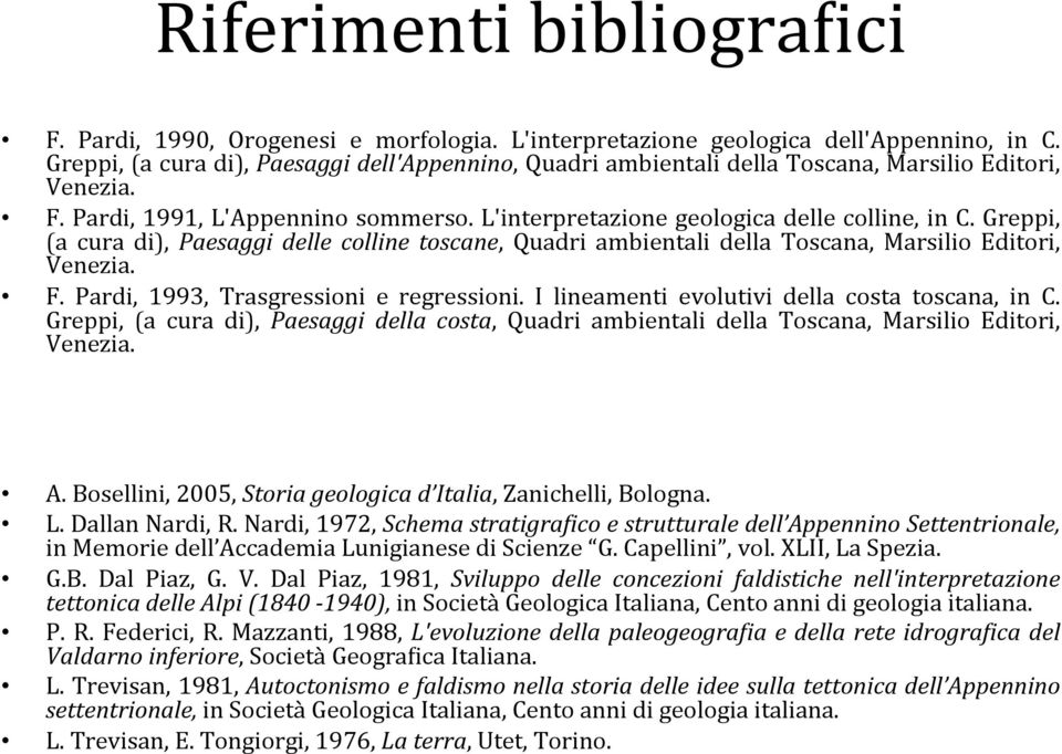 Greppi, (a cura di), Paesaggi delle colline toscane, Quadri ambientali della Toscana, Marsilio Editori, Venezia. F. Pardi, 1993, Trasgressioni e regressioni.