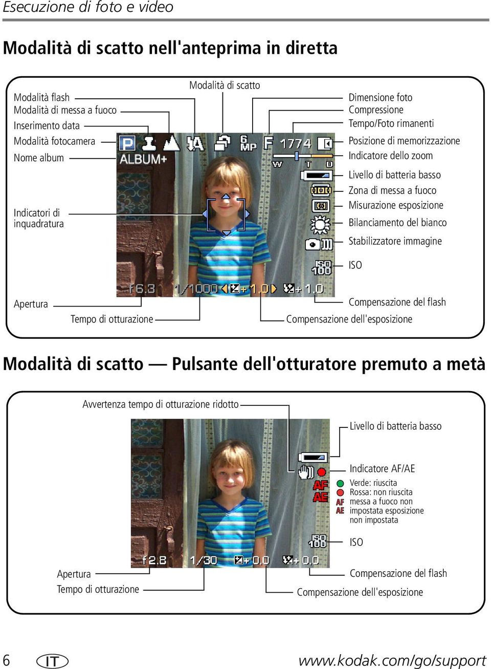 bianco Stabilizzatore immagine ISO Apertura Tempo di otturazione Compensazione del flash Compensazione dell'esposizione Modalità di scatto Pulsante dell'otturatore premuto a metà Avvertenza tempo di