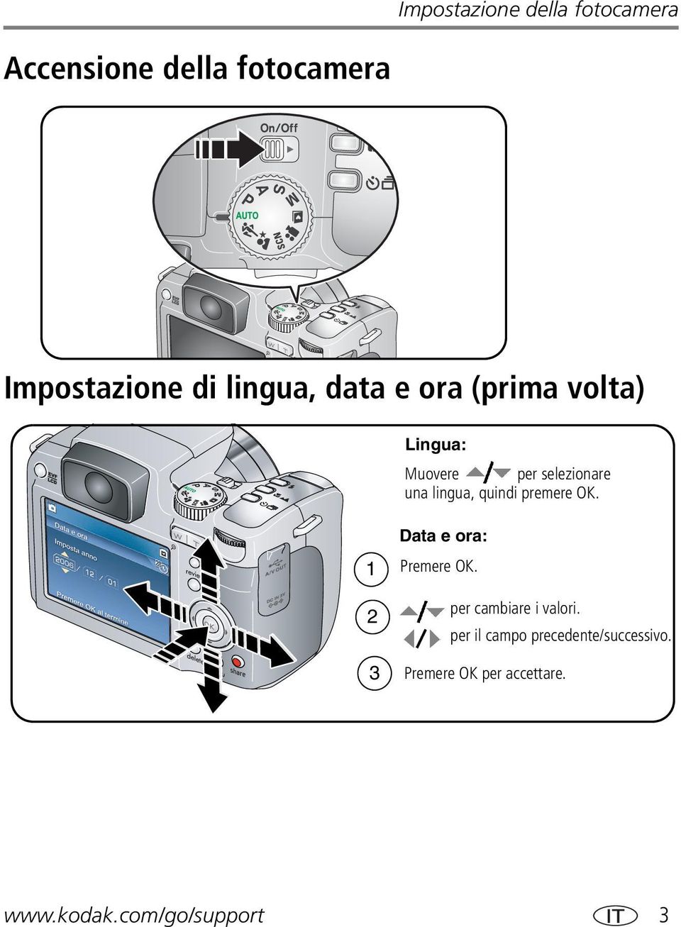 quindi premere OK. 1 2 3 Data e ora: Premere OK. per cambiare i valori.