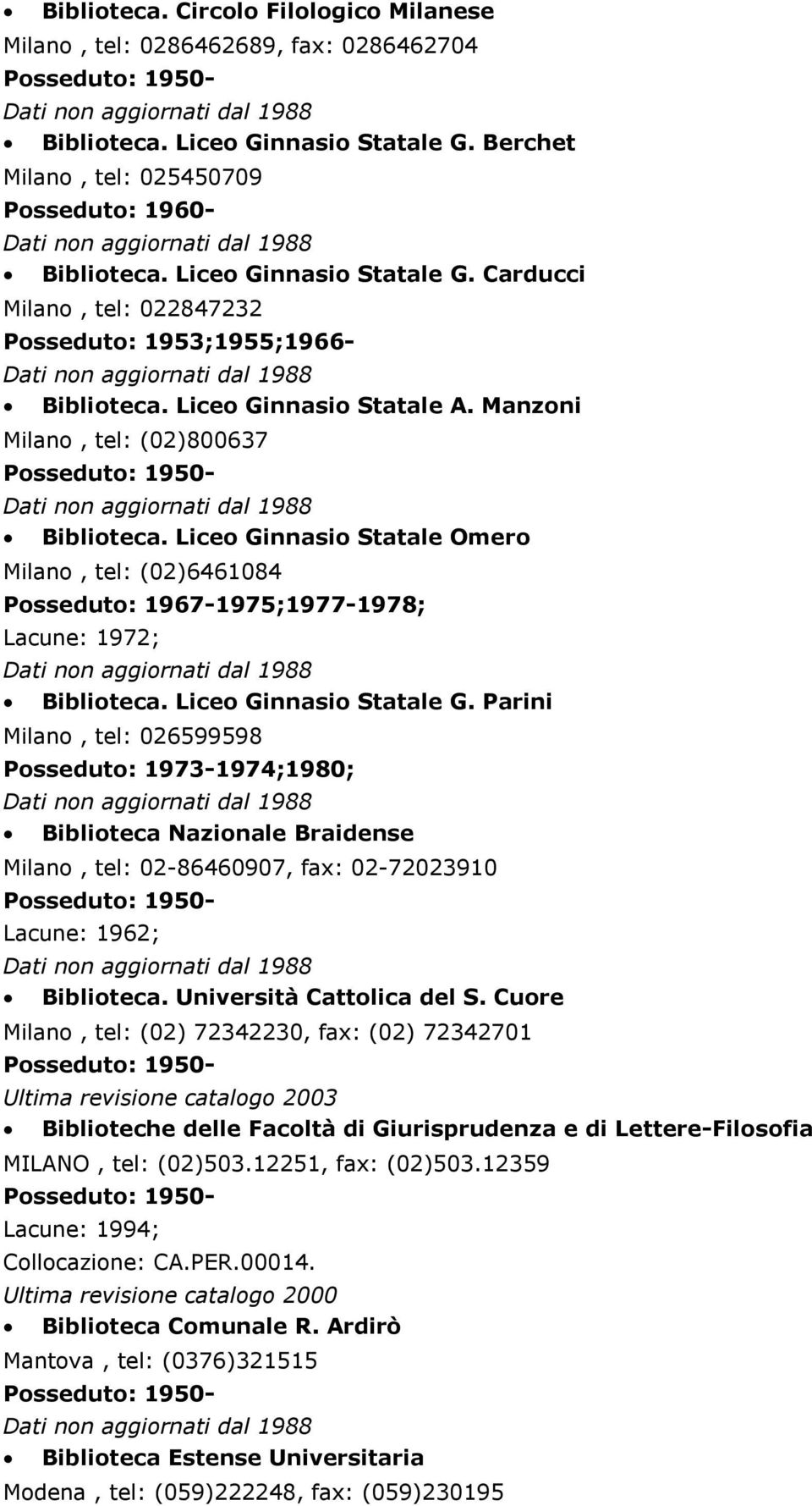 Liceo Ginnasio Statale Omero Milano, tel: (02)6461084 Posseduto: 1967-1975;1977-1978; Lacune: 1972; Biblioteca. Liceo Ginnasio Statale G.