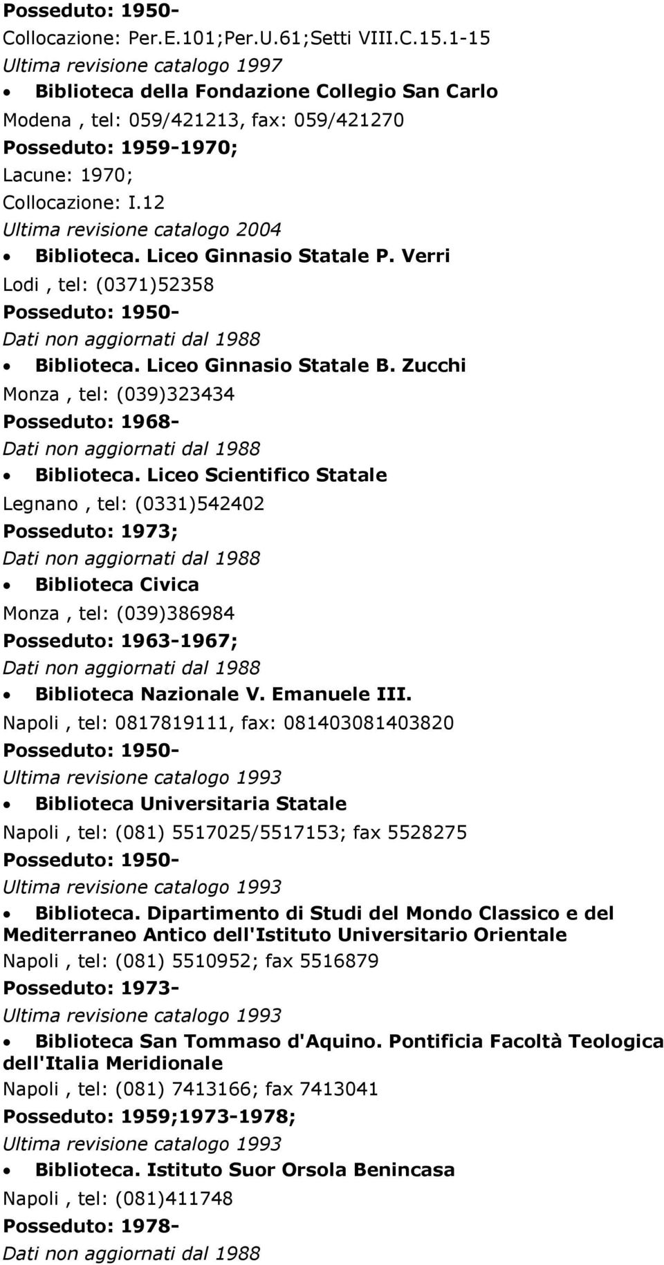 Liceo Ginnasio Statale P. Verri Lodi, tel: (0371)52358 Biblioteca. Liceo Ginnasio Statale B. Zucchi Monza, tel: (039)323434 Posseduto: 1968- Biblioteca.