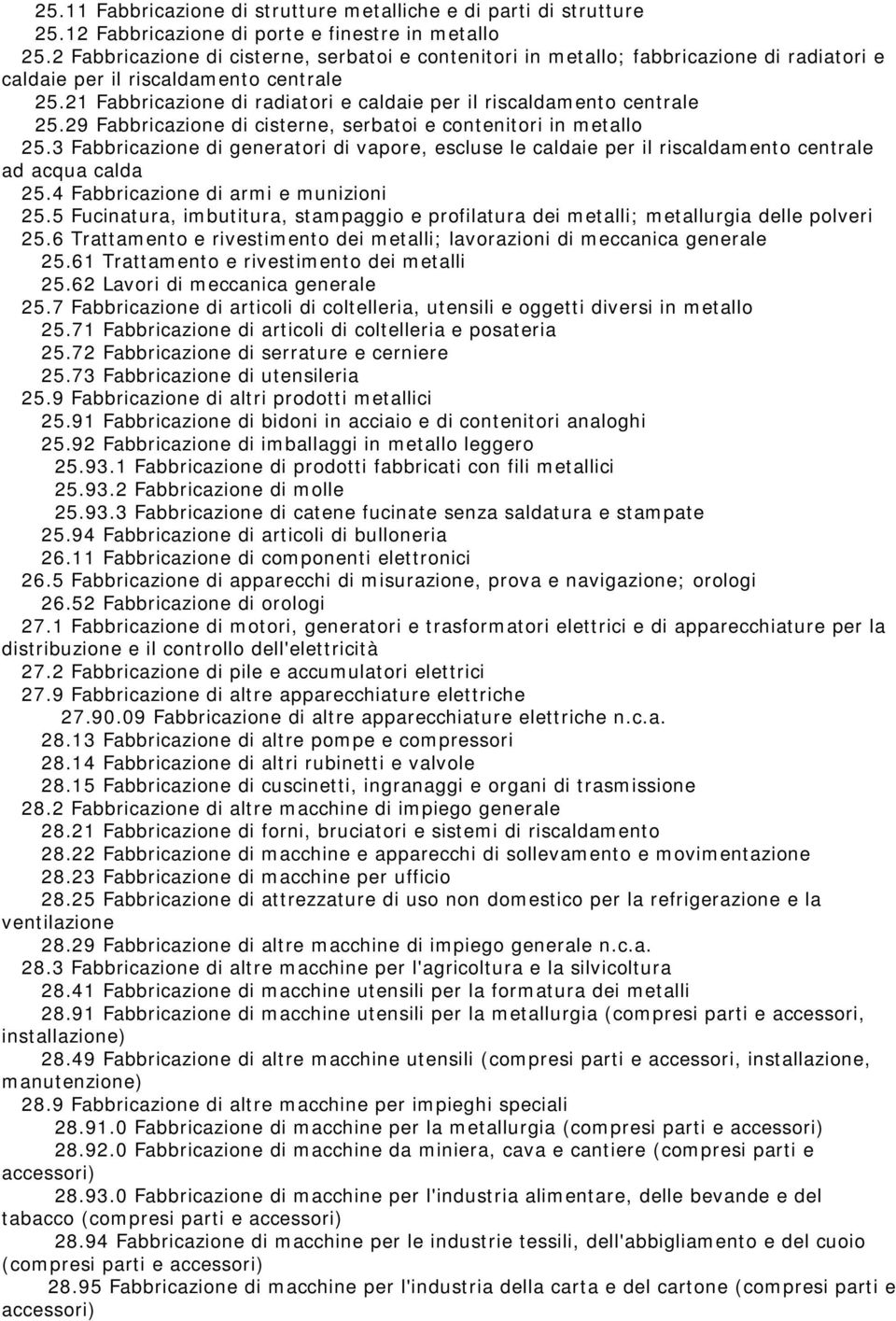 21 Fabbricazione di radiatori e caldaie per il riscaldamento centrale 25.29 Fabbricazione di cisterne, serbatoi e contenitori in metallo 25.