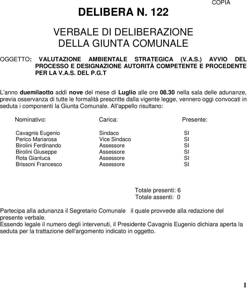 All'appello risultano: Nominativo: Carica: Presente: Cavagnis Eugenio Sindaco SI Perico Mariarosa Vice Sindaco SI Birolini Ferdinando Assessore SI Birolini Giuseppe Assessore SI Rota Gianluca