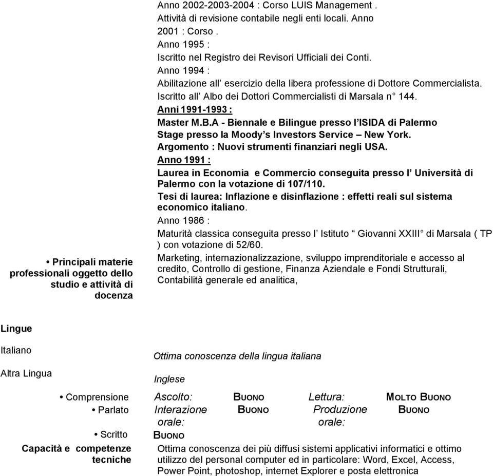 Iscritto all Albo dei Dottori Commercialisti di Marsala n 144. Anni 1991-1993 : Master M.B.A - Biennale e Bilingue presso l ISIDA di Palermo Stage presso la Moody s Investors Service New York.