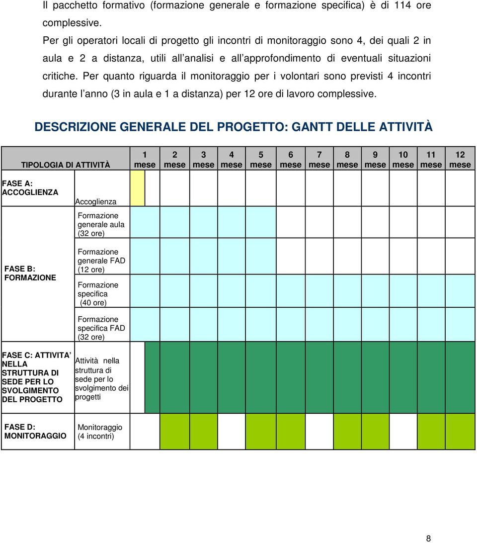 Per quanto riguarda il monitoraggio per i volontari sono previsti 4 incontri durante l anno (3 in aula e 1 a distanza) per 12 ore di lavoro complessive.