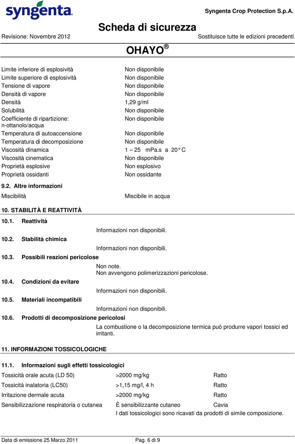 STABILITÀ E REATTIVITÀ 10.1. Reattività 10.2. Stabilità chimica 10.3. Possibili reazioni pericolose 10.4. Condizioni da evitare 10.5. Materiali incompatibili 10.6.