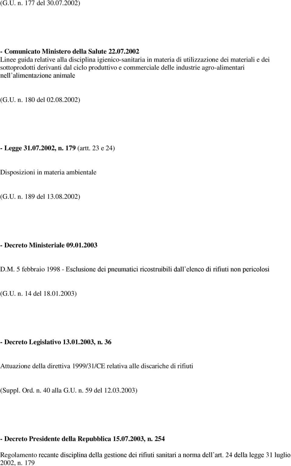 2002 Linee guida relative alla disciplina igienico-sanitaria in materia di utilizzazione dei materiali e dei sottoprodotti derivanti dal ciclo produttivo e commerciale delle industrie agro-alimentari