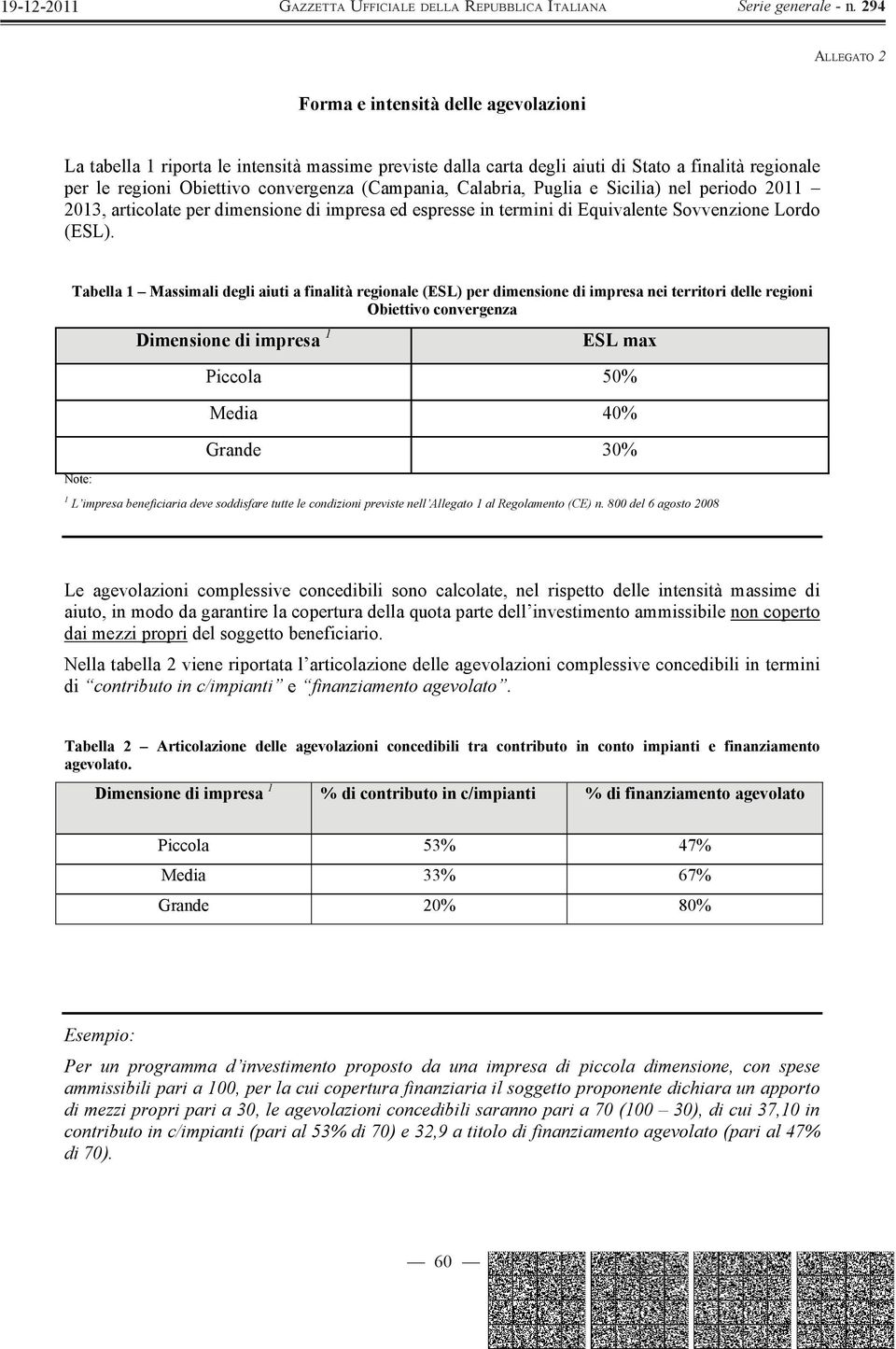 Tabella 1 Massimali degli aiuti a finalità regionale (ESL) per dimensione di impresa nei territori delle regioni Obiettivo convergenza Note: Dimensione di impresa 1 ESL max Piccola 50% Media 40%