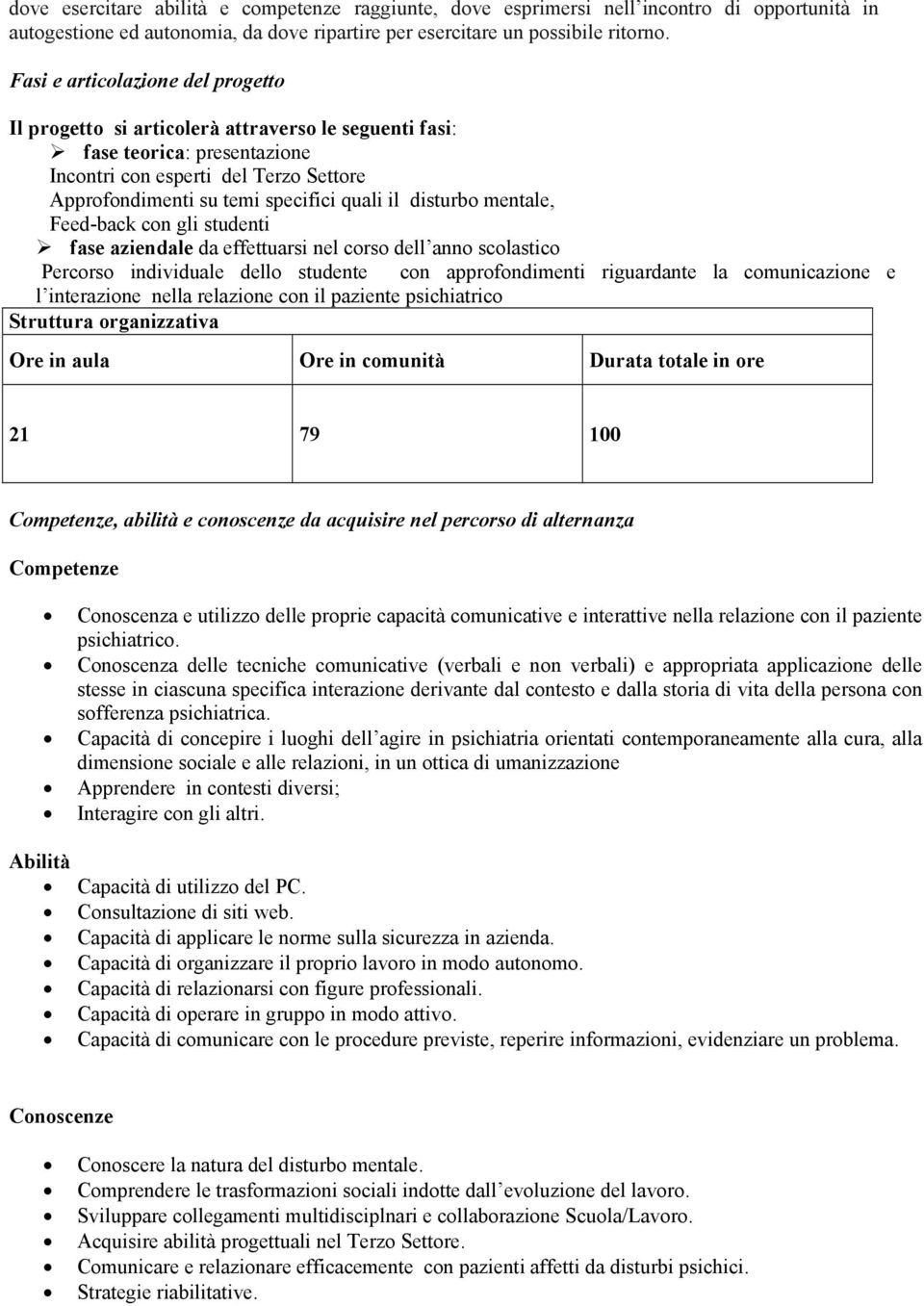 disturbo mentale, Feed-back con gli studenti fase aziendale da effettuarsi nel corso dell anno scolastico Percorso individuale dello studente con approfondimenti riguardante la comunicazione e l