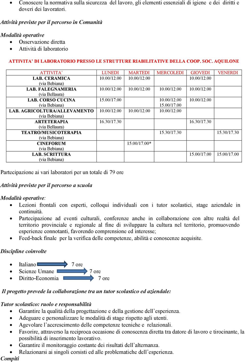 AQUILONE ATTIVITA LUNEDI MARTEDI MERCOLEDI GIOVEDI VENERDI LAB. CERAMICA 10.00/12.00 10.00/12.00 10.00/12.00 LAB. FALEGNAMERIA 10.00/12.00 10.00/12.00 10.00/12.00 10.00/12.00 (via Bellaura) LAB.