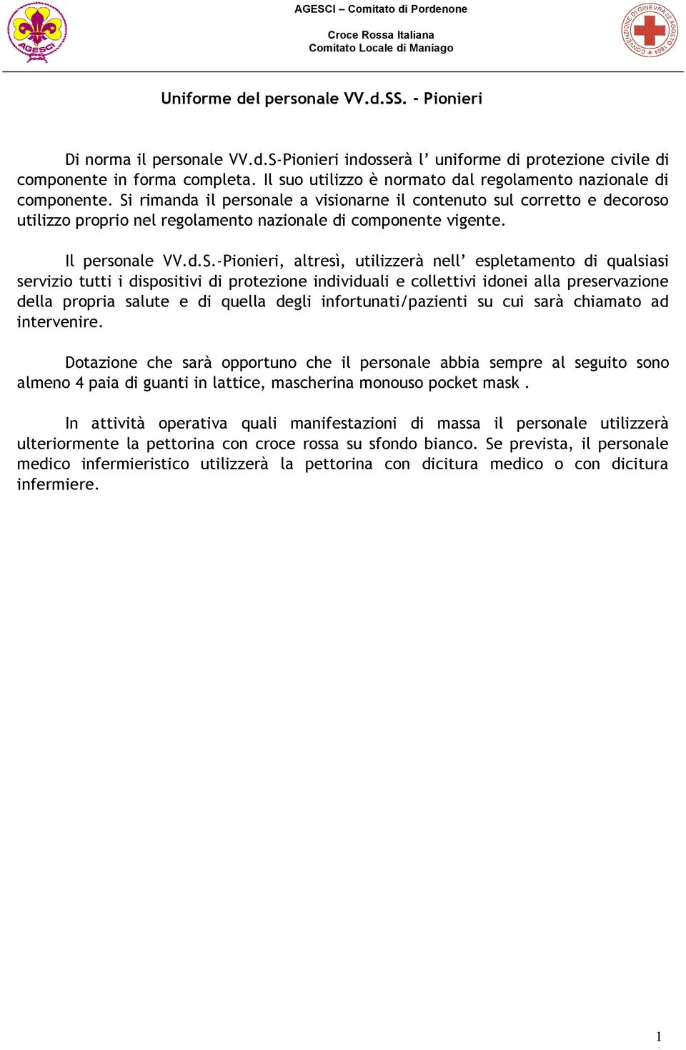 Si rimanda il personale a visionarne il contenuto sul corretto e decoroso utilizzo proprio nel regolamento nazionale di componente vigente. Il personale VV.d.S.-Pionieri, altresì, utilizzerà nell