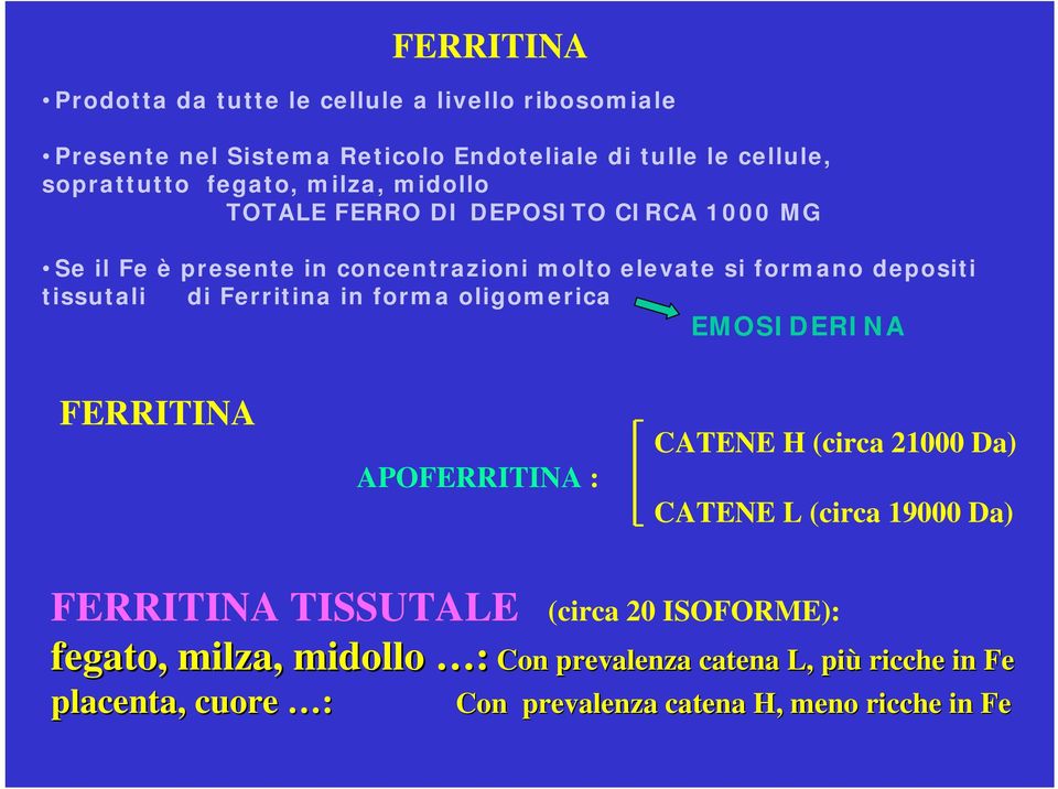 in forma oligomerica EMOSIDERINA FERRITINA APOFERRITINA : CATENE H (circa 21000 Da) CATENE L (circa 19000 Da) FERRITINA TISSUTALE (circa 20