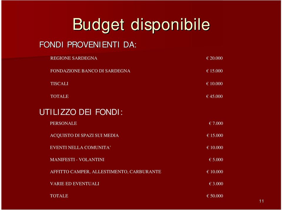 000 UTILIZZO DEI FONDI: PERSONALE 7.000 ACQUISTO DI SPAZI SUI MEDIA 15.