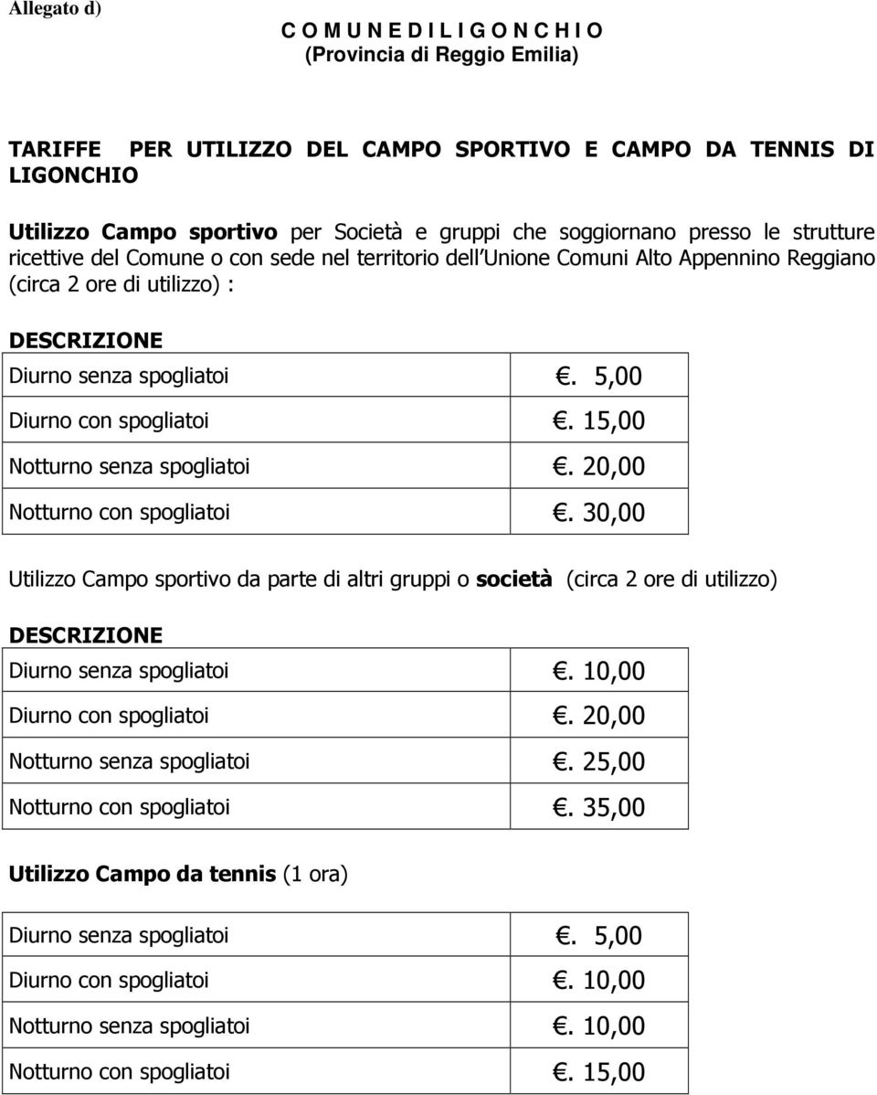 5,00 Diurno con spogliatoi. 15,00 Notturno senza spogliatoi. 20,00 Notturno con spogliatoi.