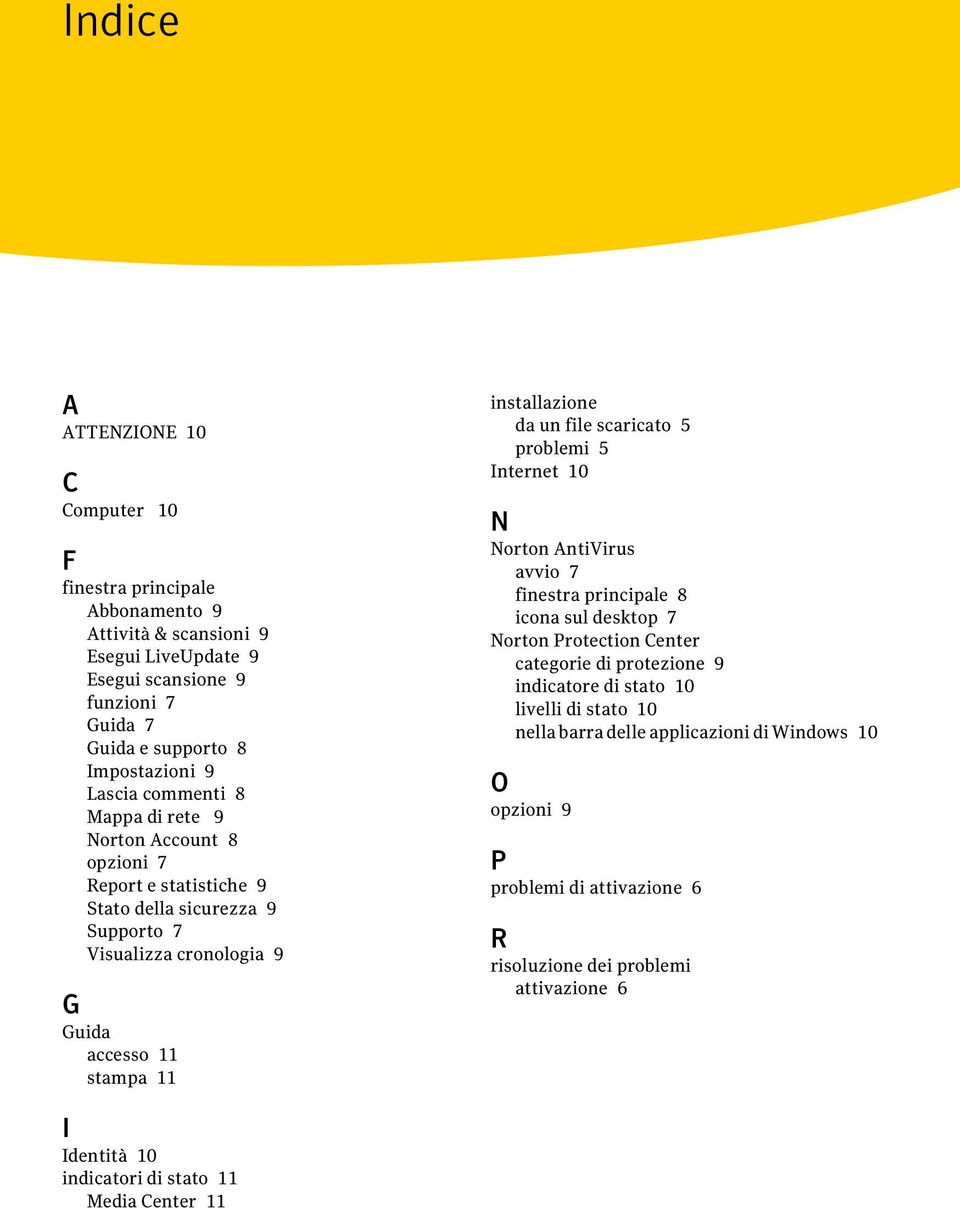 un file scaricato 5 problemi 5 Internet 10 N Norton AntiVirus avvio 7 finestra principale 8 icona sul desktop 7 Norton Protection Center categorie di protezione 9 indicatore di stato 10