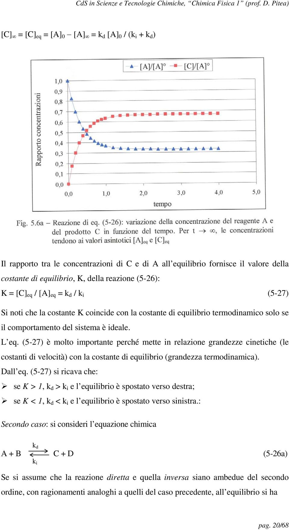 (5-27) è molto importante perché mette in relazione grandezze cinetiche (le costanti di velocità) con la costante di equilibrio (grandezza termodinamica). Dall eq.