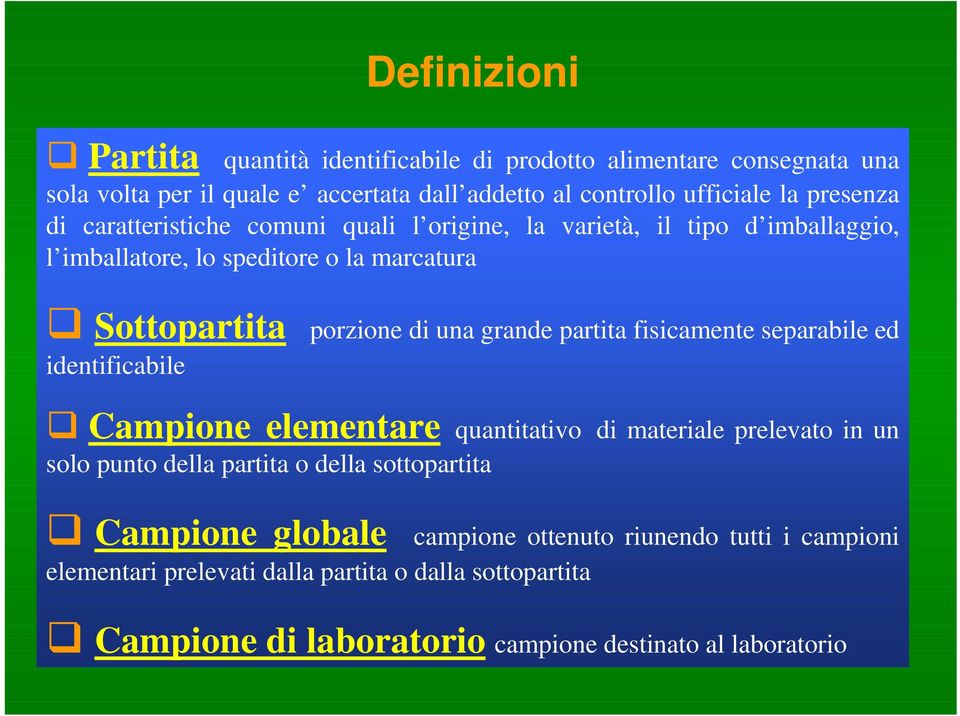 grande partita fisicamente separabile ed identificabile Campione elementare quantitativo di materiale prelevato in un solo punto della partita o della sottopartita