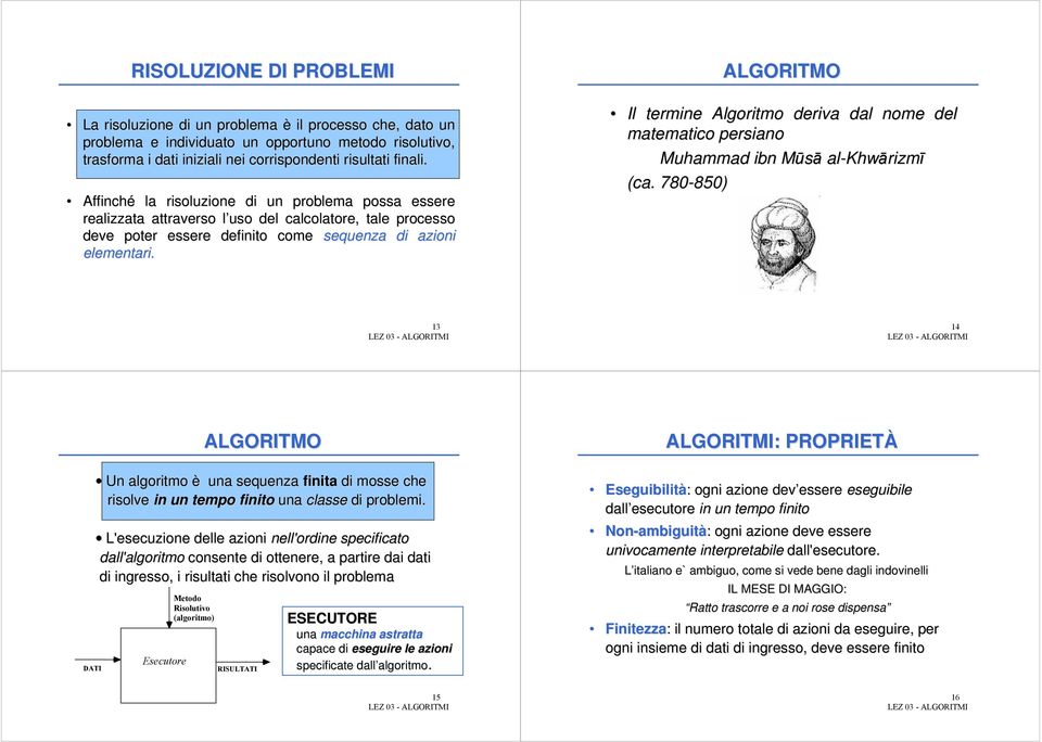 ALGORITMO Il termine Algoritmo deriva dal nome del matematico persiano Muhammad ibn Mūsā al-khw Khwārizmī (ca.