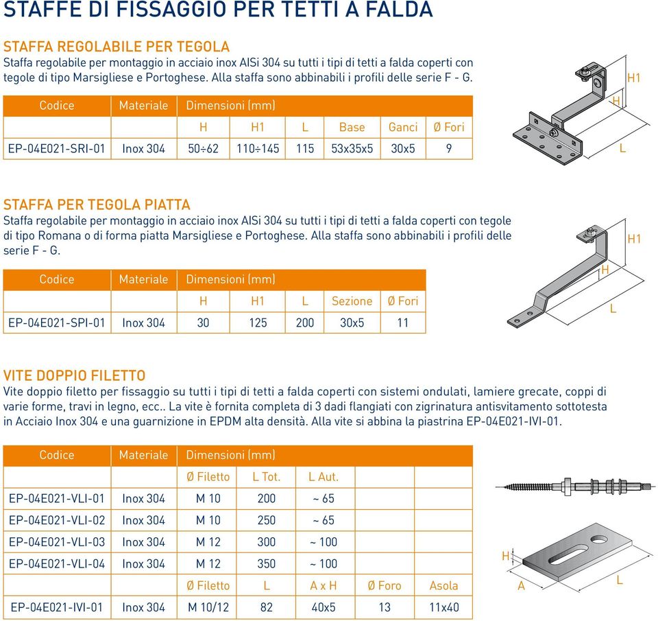 H H1 ase Ganci Ø Fori EP-04E021-SRI-01 Inox 304 50 62 110 145 115 53x35x5 30x5 9 H H1 Staffa per tegola piatta Staffa regolabile per montaggio in acciaio inox ISi 304 su tutti i tipi di tetti a falda