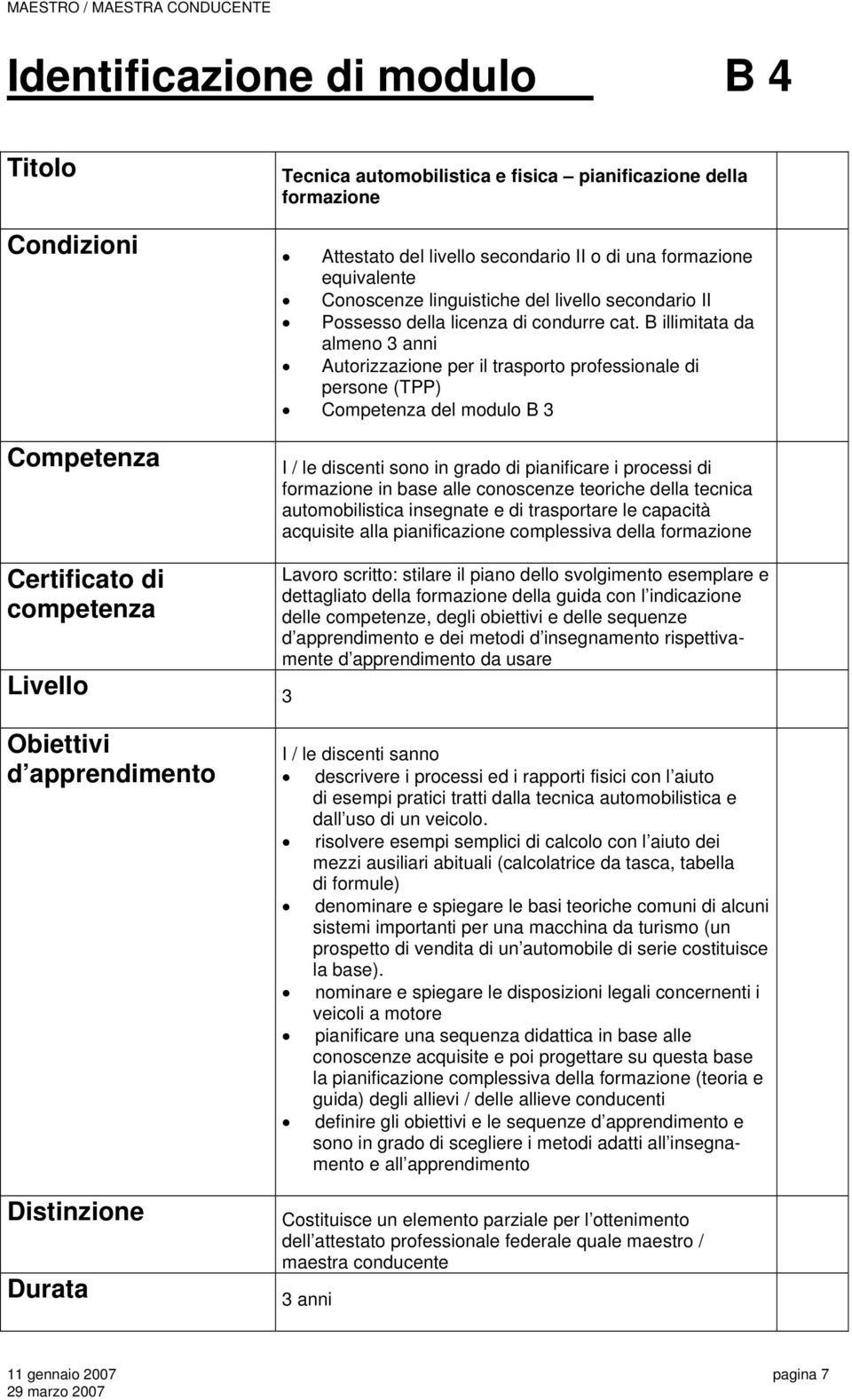 B illimitata da almeno 3 anni Autorizzazione per il trasporto professionale di persone (TPP) Competenza del modulo B 3 Competenza Certificato di competenza I / le discenti sono in grado di