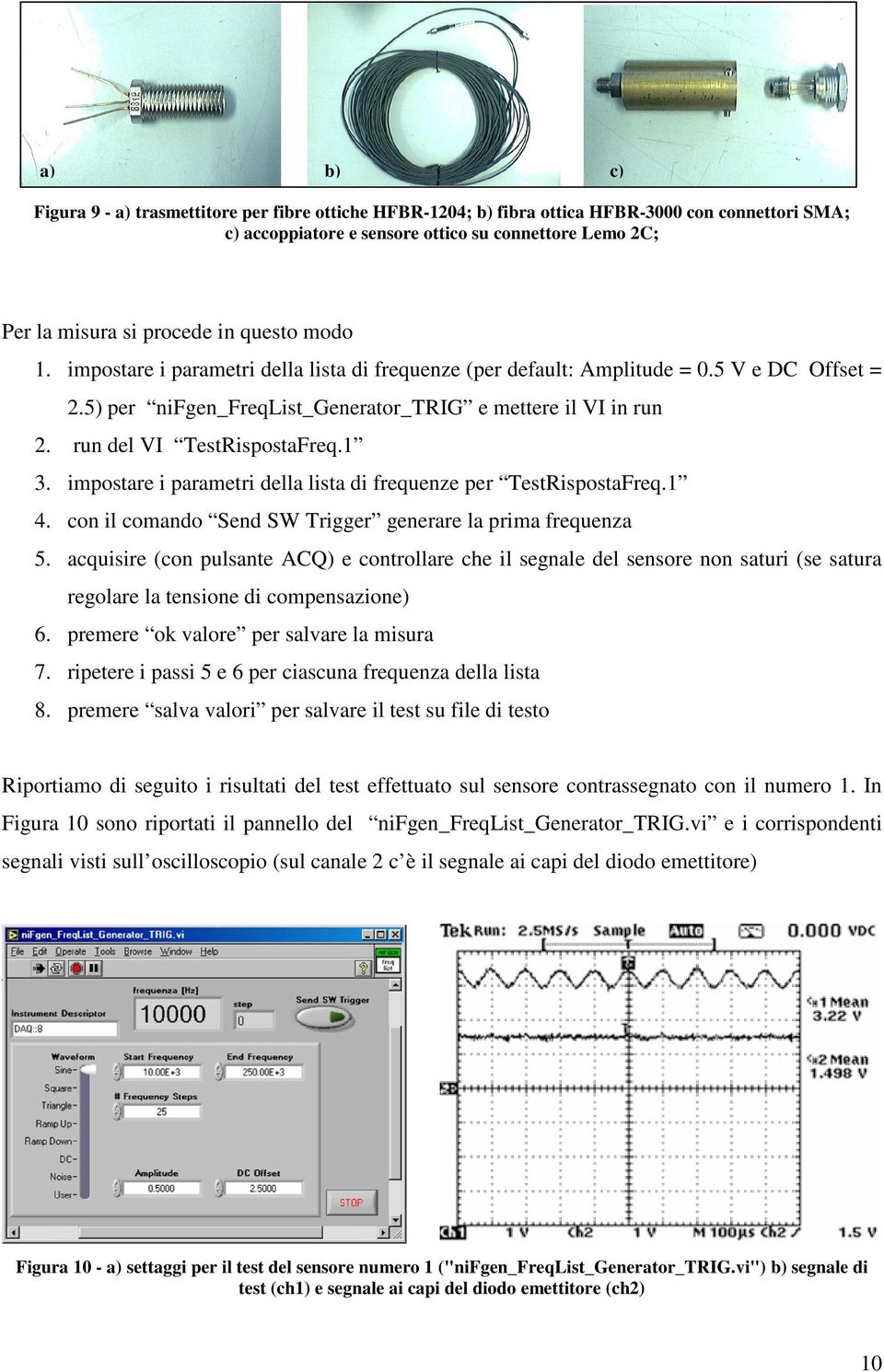 run del VI TestRispostaFreq.1 3. impostare i parametri della lista di frequenze per TestRispostaFreq.1 4. con il comando Send SW Trigger generare la prima frequenza 5.