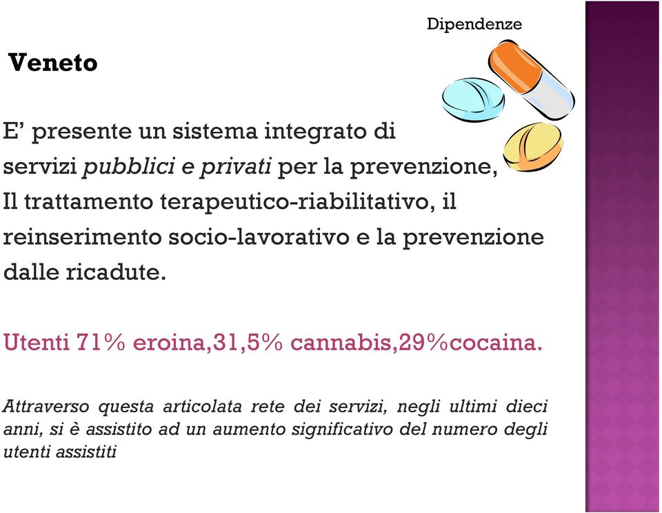 ricadute. Utenti 71% eroina,31,5% cannabis,29%cocaina.