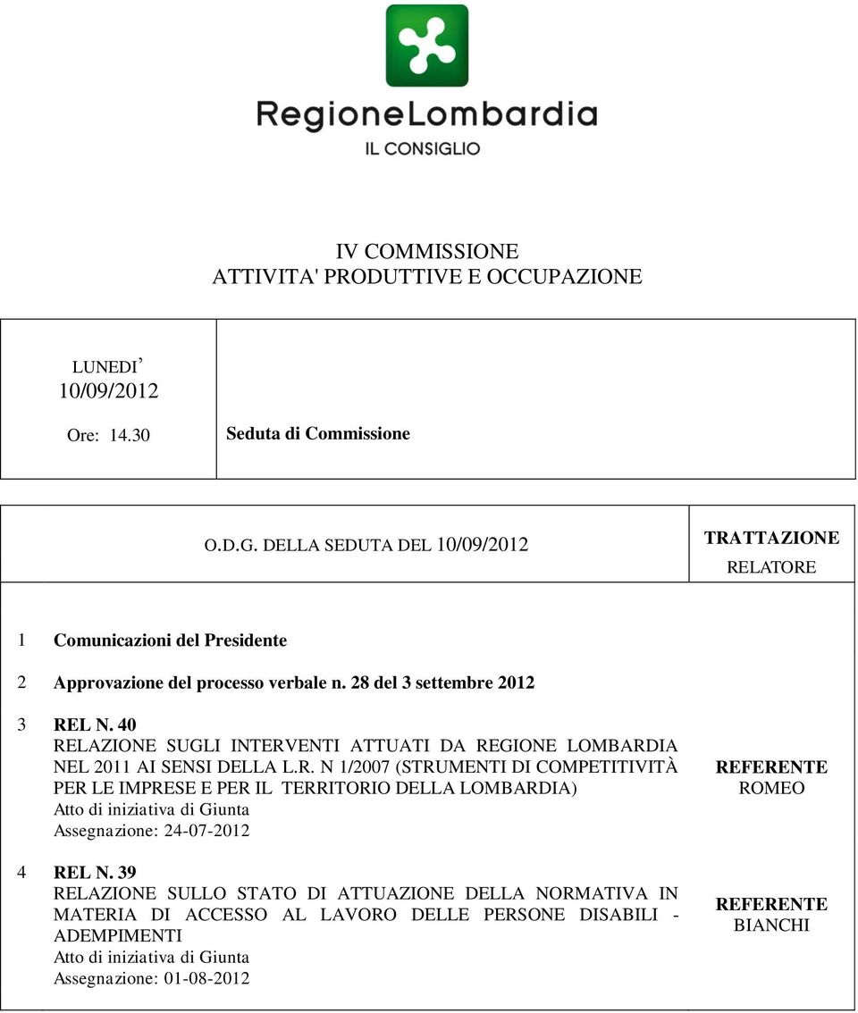 40 RELAZIONE SUGLI INTERVENTI ATTUATI DA REGIONE LOMBARDIA NEL 2011 AI SENSI DELLA L.R. N 1/2007 (STRUMENTI DI COMPETITIVITÀ PER LE IMPRESE E PER IL TERRITORIO DELLA LOMBARDIA) Atto di iniziativa di Giunta Assegnazione: 24-07-2012 4 REL N.