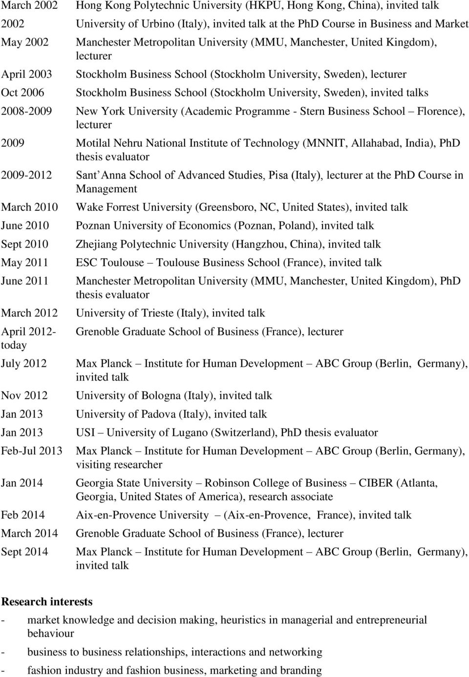 Sweden), invited talks 2008-2009 New York University (Academic Programme - Stern Business School Florence), lecturer 2009 Motilal Nehru National Institute of Technology (MNNIT, Allahabad, India), PhD