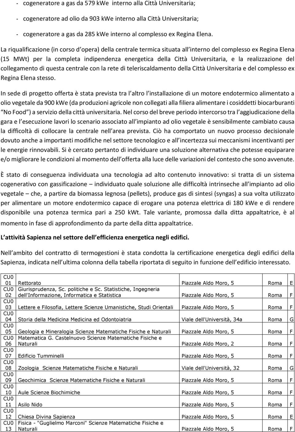 La riqualificazione (in corso d opera) della centrale termica situata all interno del complesso ex Regina Elena (15 MWt) per la completa indipendenza energetica della Città Universitaria, e la