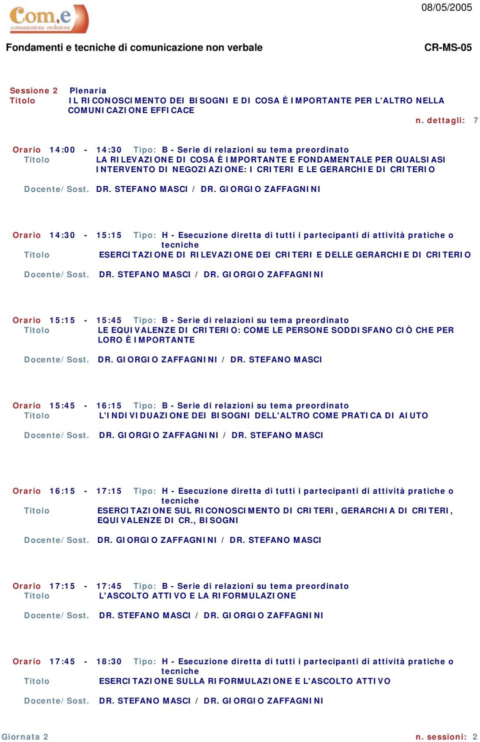 DI CRITERIO Orario 14:30-15:15 Tipo: H - Esecuzione diretta di tutti i partecipanti di attività pratiche o ESERCITAZIONE DI RILEVAZIONE DEI CRITERI E DELLE GERARCHIE DI CRITERIO Orario 15:15-15:45