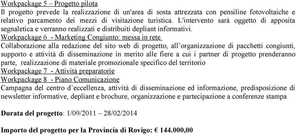 Workpackage 6 - Marketing Congiunto: messa in rete Collaborazione alla redazione del sito web di progetto, all organizzazione di pacchetti congiunti, supporto e attività di disseminazione in merito