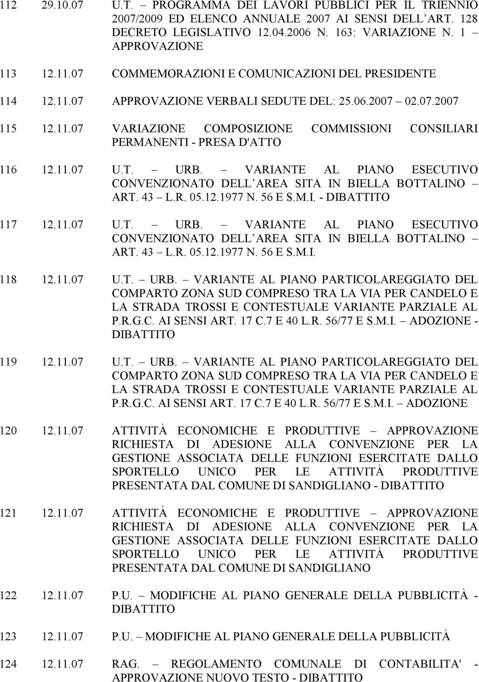 VARIANTE AL PIANO ESECUTIVO CONVENZIONATO DELL AREA SITA IN BIELLA BOTTALINO ART. 43 L.R. 05.12.1977 N. 56 E S.M.I. - 117 12.11.07 U.T. URB.