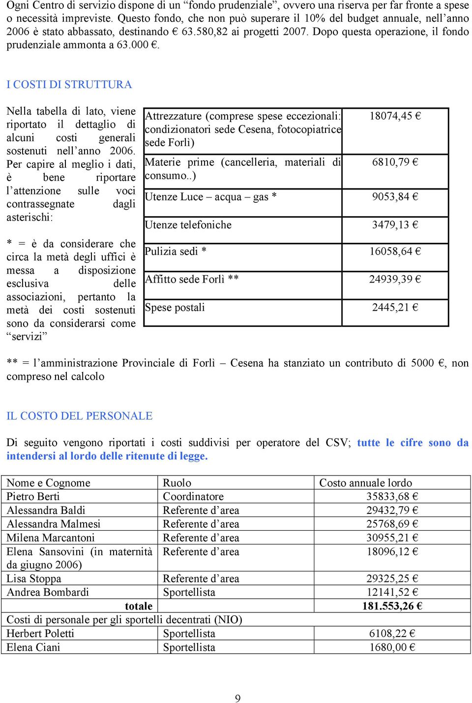 I COSTI DI STRUTTURA Nella tabella di lato, viene riportato il dettaglio di alcuni costi generali sostenuti nell anno 2006.