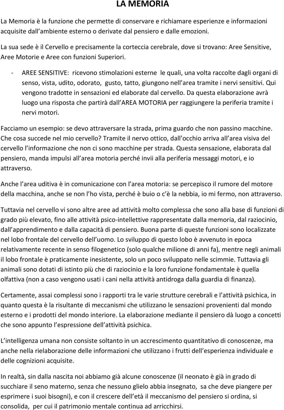 AREE SENSITIVE: ricevono stimolazioni esterne le quali, una volta raccolte dagli organi di senso, vista, udito, odorato, gusto, tatto, giungono nell area tramite i nervi sensitivi.