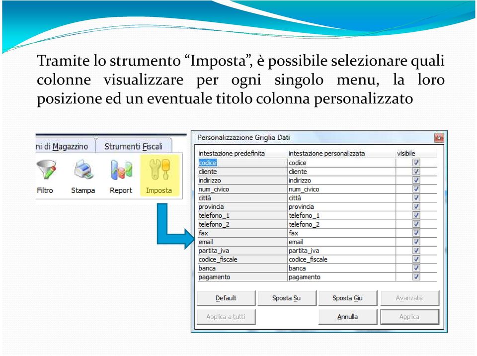 per ogni singolo menu, la loro posizione