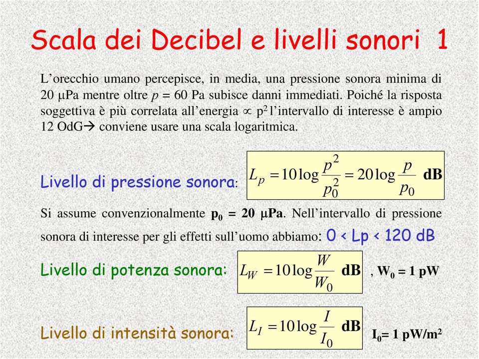 Livello di pressione sonora: 2 p0 0 Si assume convenzionalmente p 0 = 20 μpa.