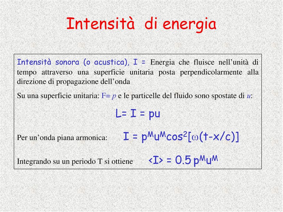 onda Su una superficie unitaria: F= p e le particelle del fluido sono spostate di u: L= I = pu Per