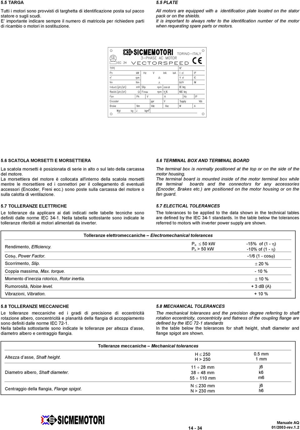 5 PLATE All motors are equipped with a identification plate located on the stator pack or on the shields.