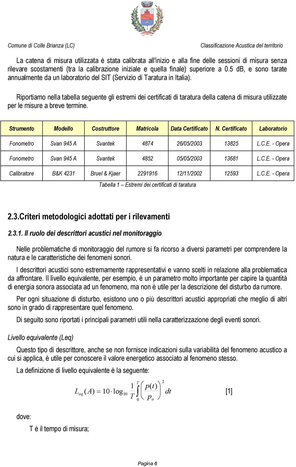 Riportiamo nella tabella seguente gli estremi dei certificati di taratura della catena di misura utilizzate per le misure a breve termine. Strumento Modello Costruttore Matricola Data Certificato N.