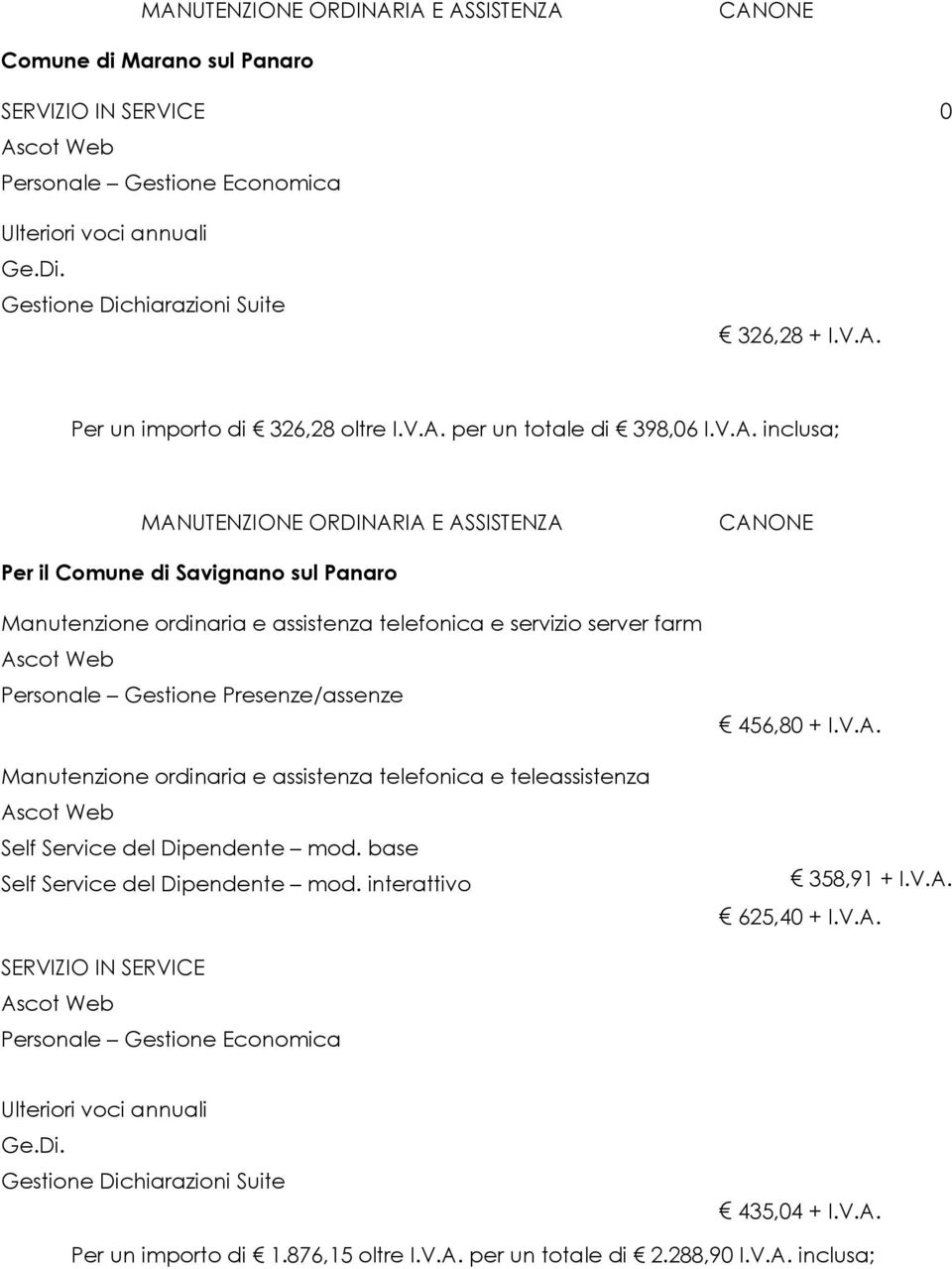 server farm Personale Gestione Presenze/assenze Manutenzione ordinaria e assistenza telefonica e teleassistenza 456,8 + I.V.A. 358,91 + I.V.A. 625,4 + I.