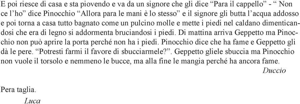 piedi. Di mattina arriva Geppetto ma Pinocchio non può aprire la porta perché non ha i piedi. Pinocchio dice che ha fame e Geppetto gli dà le pere.