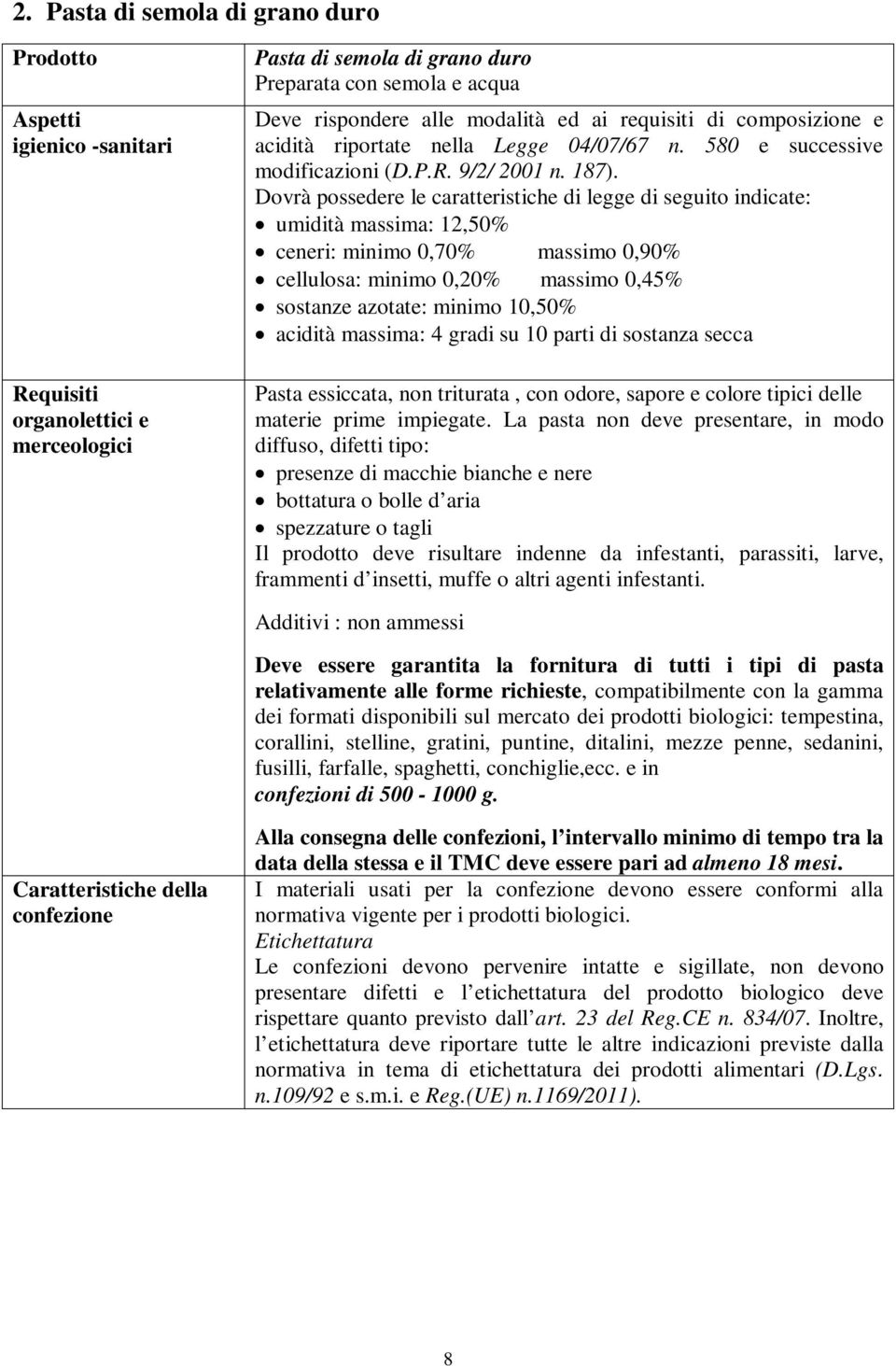 Dovrà possedere le caratteristiche di legge di seguito indicate: umidità massima: 12,50% ceneri: minimo 0,70% massimo 0,90% cellulosa: minimo 0,20% massimo 0,45% sostanze azotate: minimo 10,50%