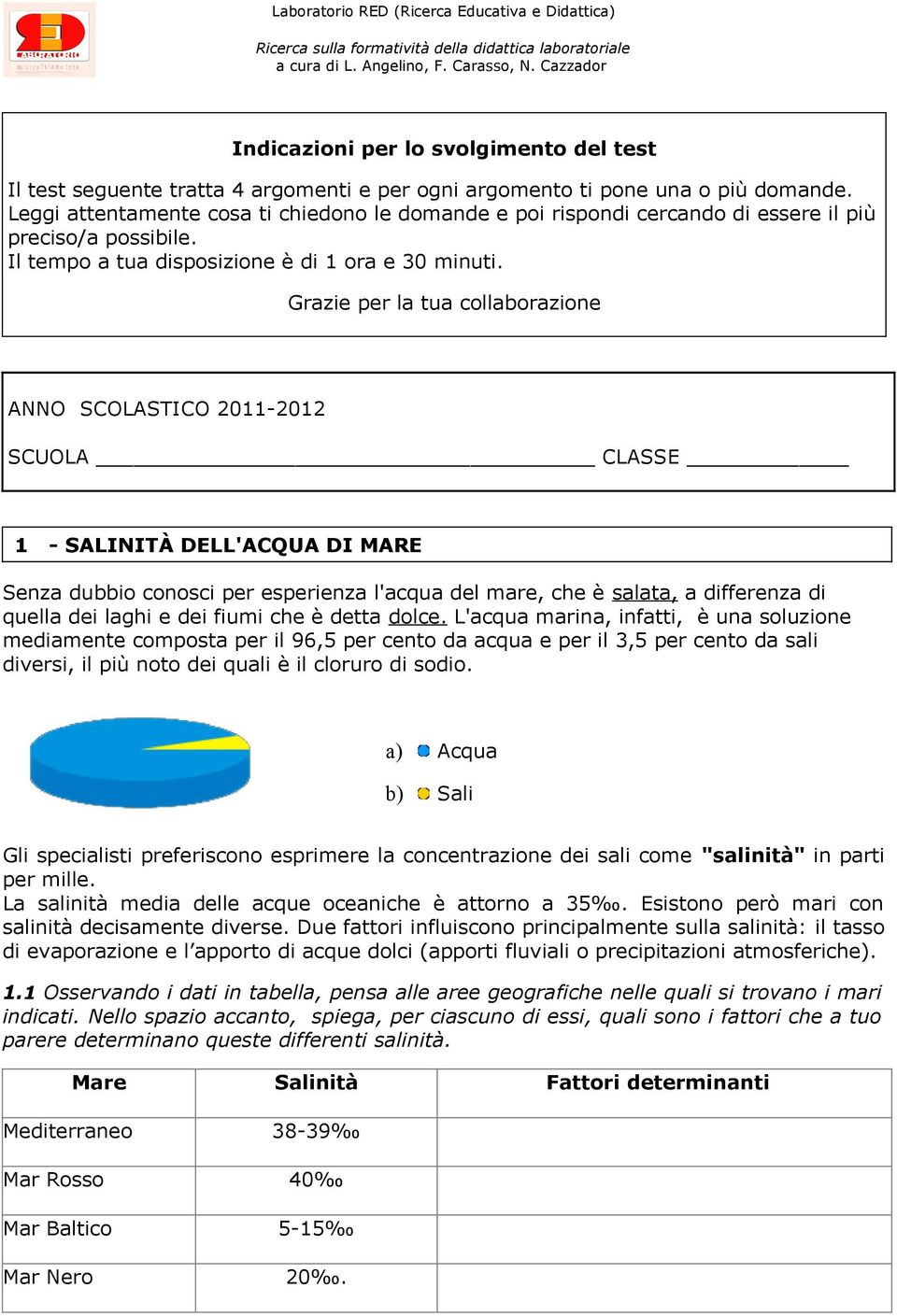 Grazie per la tua collaborazione ANNO SCOLASTICO 2011-2012 SCUOLA CLASSE 1 - SALINITÀ DELL'ACQUA DI MARE Senza dubbio conosci per esperienza l'acqua del mare, che è salata, a differenza di quella dei