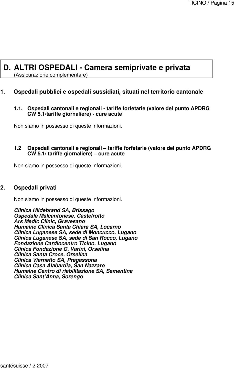 1/ tariffe giornaliere) cure acute Non siamo in possesso di queste informazioni. 2. Ospedali privati Non siamo in possesso di queste informazioni.